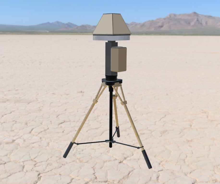 Vandaris Surveillance Radar Version 1 — concept render of a tripod-mounted autonomous ground-sensor unit in olive-drab and desert-tan finish, deployed in a desert environment